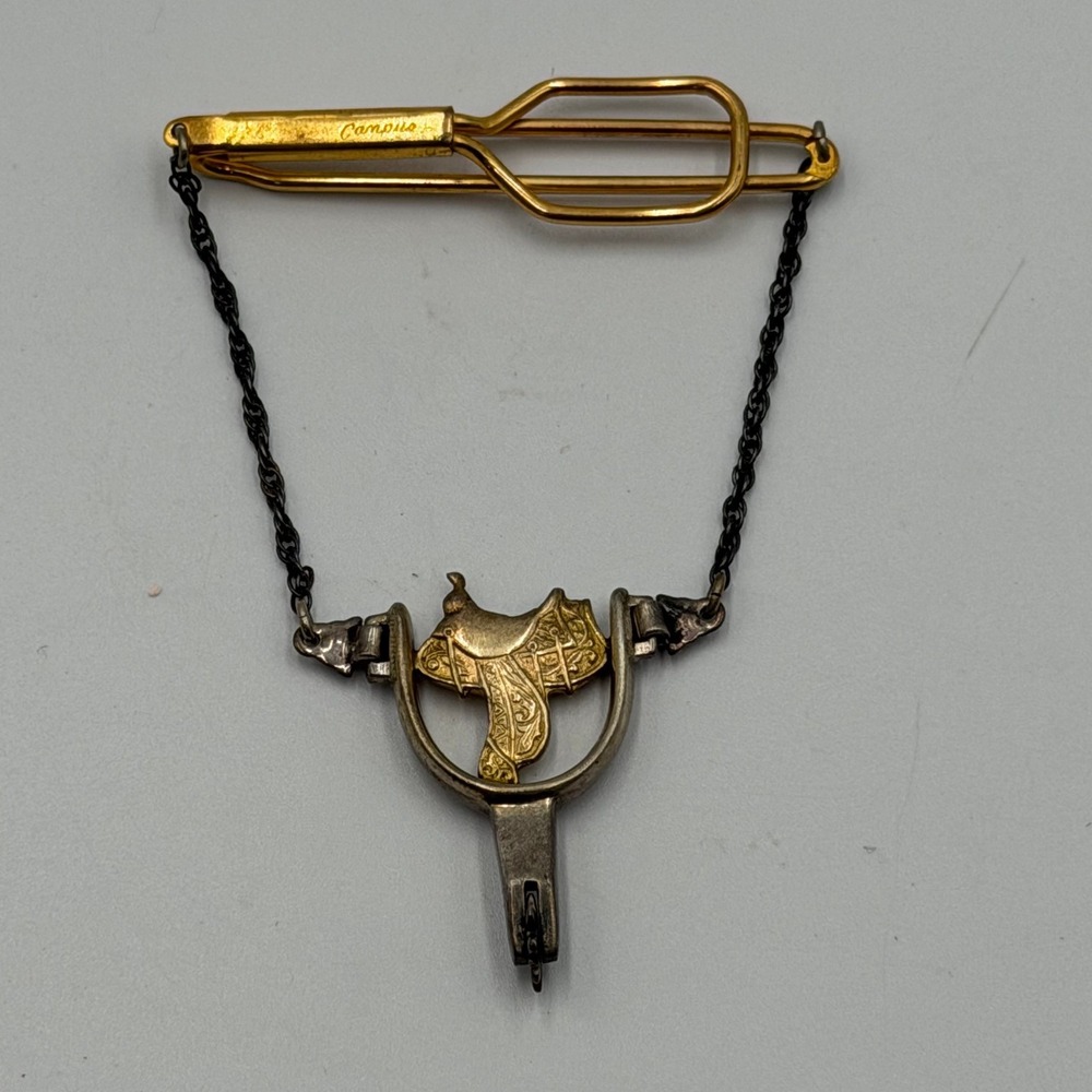 Vintage Campus Holland Sterling Silver 14K Gold Spur Saddle Men Tie Chain